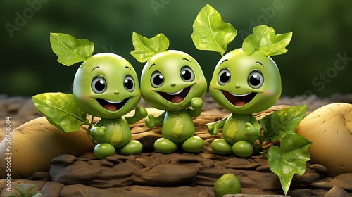 Family of Cute green pea 3d cartoon character, generative ai © Halenaz
