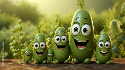 Family of Cute green pea 3d cartoon character, generative ai