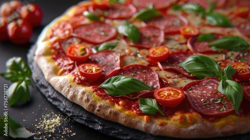 Close up of a delicious pizza topped with fresh tomatoes and basil. Great for food and Italian cuisine concepts