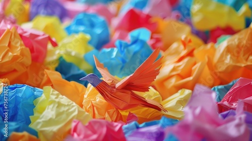 A bird gracefully flies through a sea of vibrant tissue paper. Perfect for creative projects