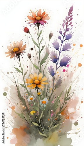 Wild flowers painted in watercolor. Decorative background  wallpaper.