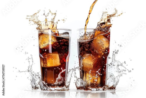 Two glasses of soda with ice and a splash of water. Perfect for summer menus or beverage advertisements