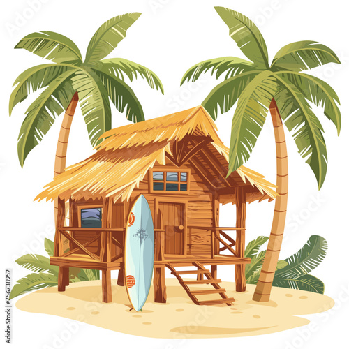 Beach shack house, Hawaiian bamboo hut bar surfboard, vector surfing bungalow