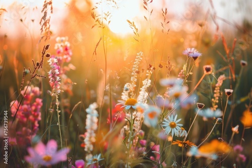 Beautiful field of wildflowers with sunset in background, perfect for nature-themed designs