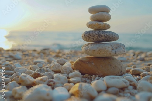 A stack of rocks on a sandy beach. Suitable for nature and relaxation concepts