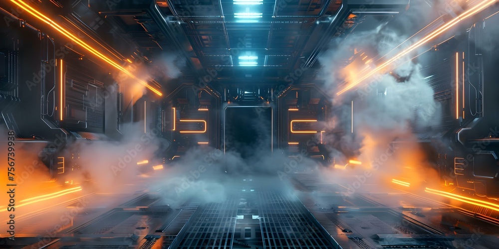 Futuristic Space Station Hub Glowing With Sci-Fi Technology Amidst Smoky Atmosphere. Concept Sci-Fi Technology, Space Station Hub, Futuristic Setting, Smoky Atmosphere, Glowing Lights