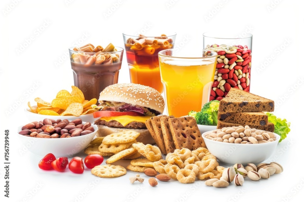 A diverse selection of foods and drinks on a table, perfect for culinary concepts