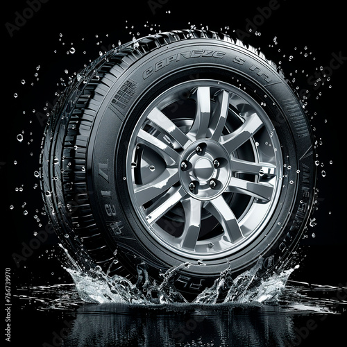Car rim and tire on the water