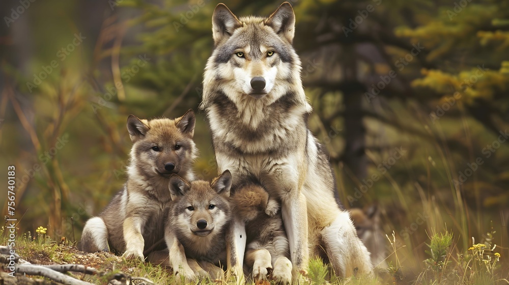 grey wolf with pups. Wildlife photo
