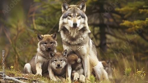 grey wolf with pups. Wildlife photo © PSCL RDL