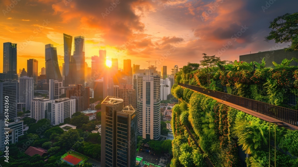 Obraz premium Sleek city lines, rooftop gardens, energy-wise structures in twilight ambiance