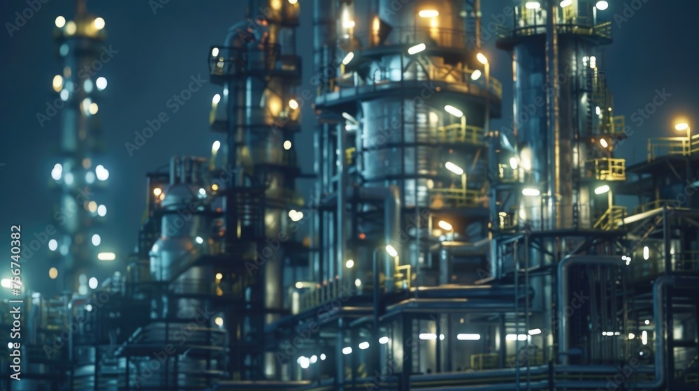 An industrial oil refinery at night with bright lights. Suitable for energy industry concepts