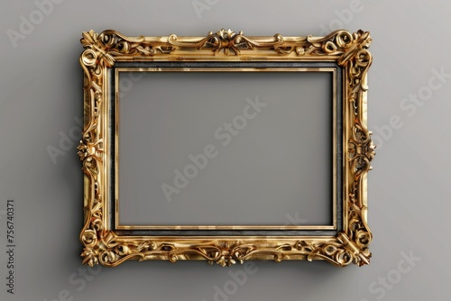 A gold frame hanging on a gray wall, perfect for interior design projects