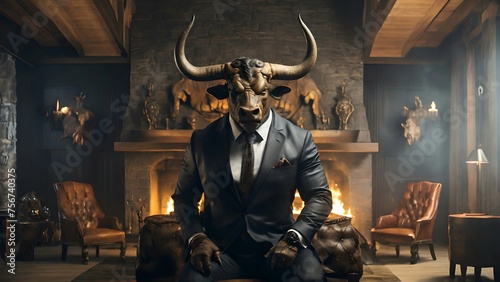 Minotaur dressed in a modern business suit in a fireplace hall chalet. photo