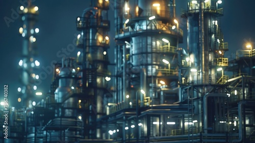An industrial oil refinery at night with bright lights. Suitable for energy industry concepts