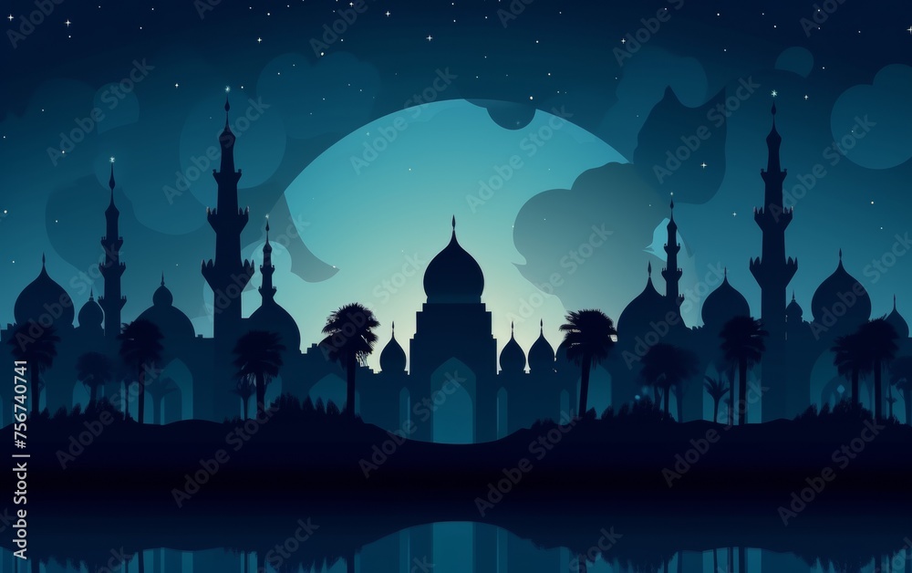 Mosque landscape with praying muslim silhouette vector illustration. Landscape ramadan design graphic in muslim culture and islam religion. Background of mosque at night for Islamic wallpaper design 