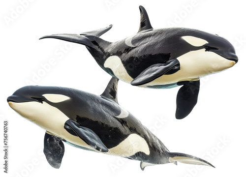 Pair of orcas swimming together in the ocean  cut out - stock png.