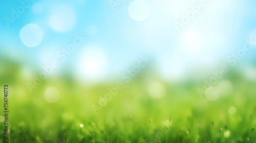 Blurred beautiful green bokeh light meadow and blue sky as abstract background