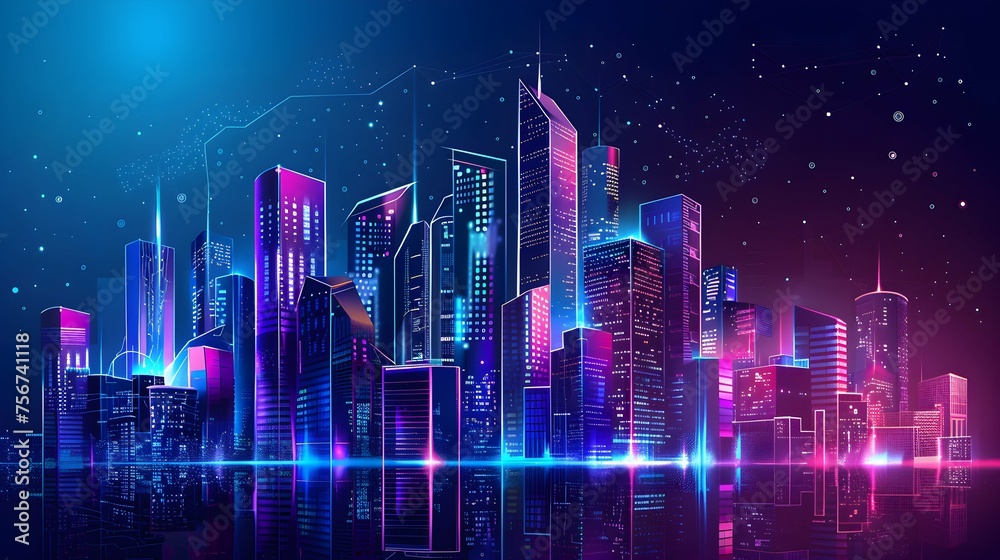 illustration urban architecture, cityscape with space and neon light effect. Modern hi-tech, science, futuristic technology concept