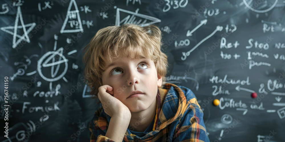 A thoughtful boy looking at math problems on a blackboard A thoughtful boy looking at math problems on a blackboard