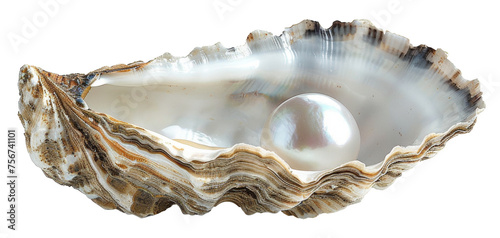 Lustrous pearl nestled within a natural oyster shell, cut out - stock png.