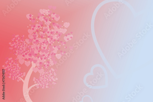 A serene, love-themed background featuring a tree with leaves in the shape of hearts, gradient shades from pink to white photo