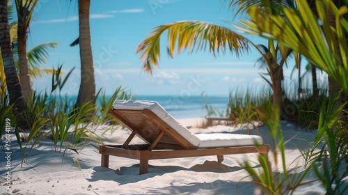 Relaxing wooden lounge chair on a sandy beach, perfect for travel and vacation themes © Fotograf