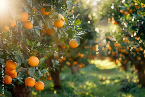 A grove filled with orange trees bearing ripe oranges ready for harvest under a sunny sky.