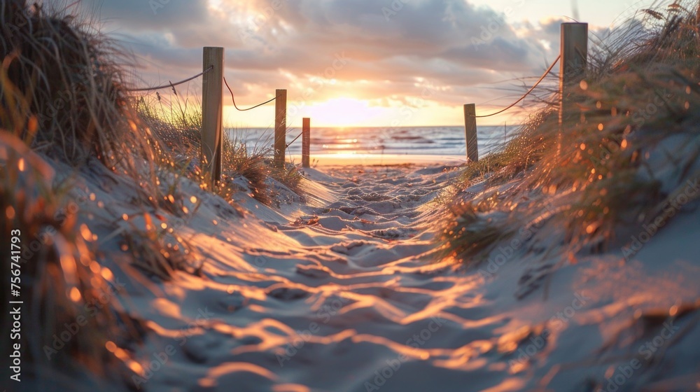 A picturesque path leading to the beach at sunset. Perfect for travel or nature concepts