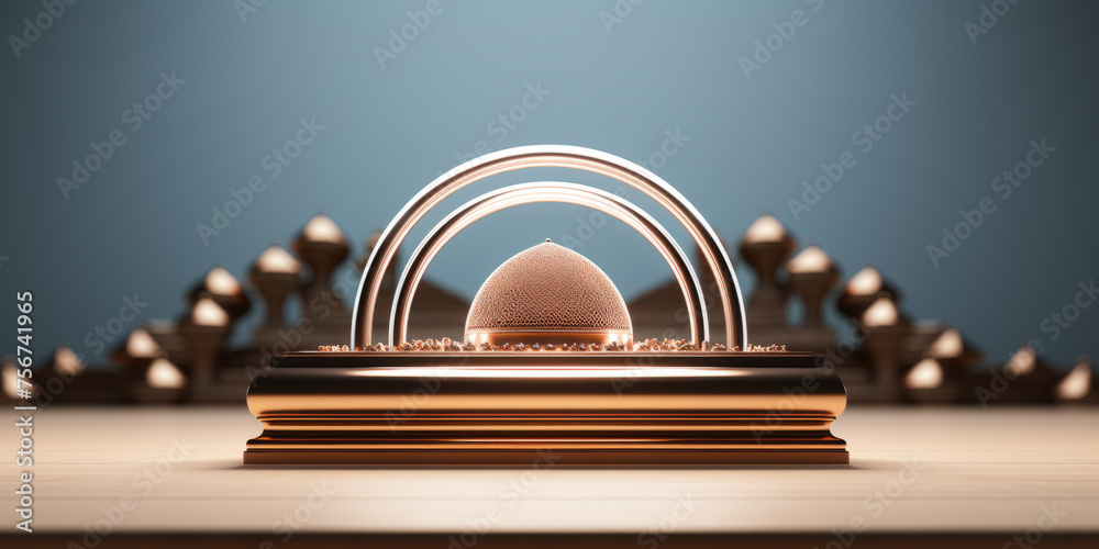 Ornamental golden mosque podium, greeting card, invitation for Muslim holy month Ramadan Kareem. - obrazy, fototapety, plakaty 