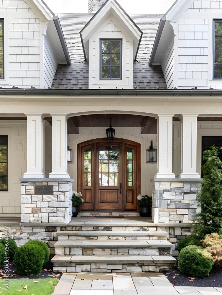 Main entrance door in house. Wooden front door with gabled porch and landing. Exterior of georgian style home cottage with white columns and stone cladding Main entrance door in house. Wooden front door with gabled porch and landing. Exterior of georgian style home cottage with white columns and stone cladding