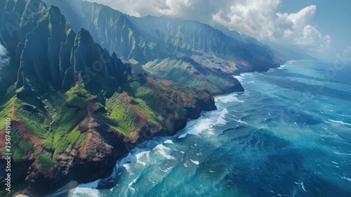 A stunning aerial view of the ocean and majestic mountains. Ideal for travel and nature concepts