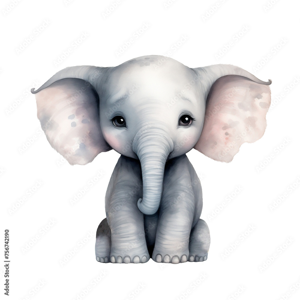 Watercolor hand-painted illustration of a baby elephant. Isolated on a white background