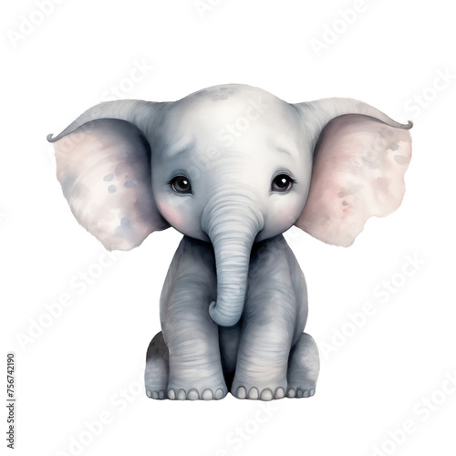 Watercolor hand-painted illustration of a baby elephant. Isolated on a white background