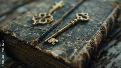 An old book with a bunch of keys on top
