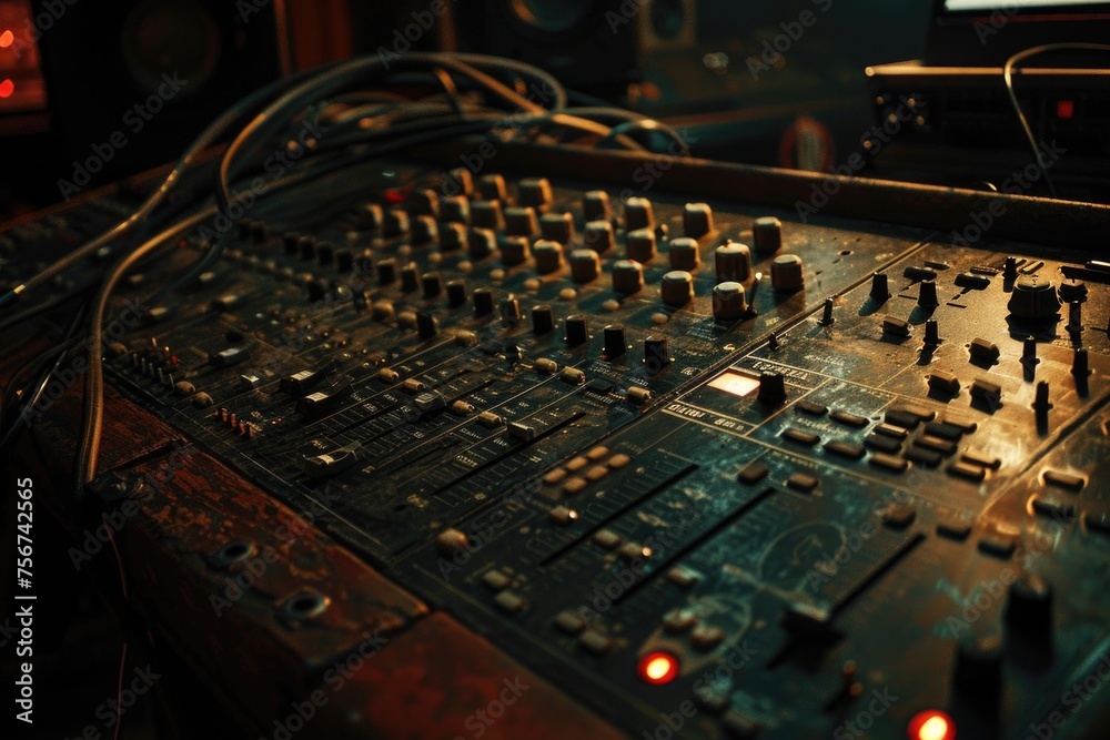 Detailed view of a sound board in a recording studio, suitable for music production projects - obrazy, fototapety, plakaty 