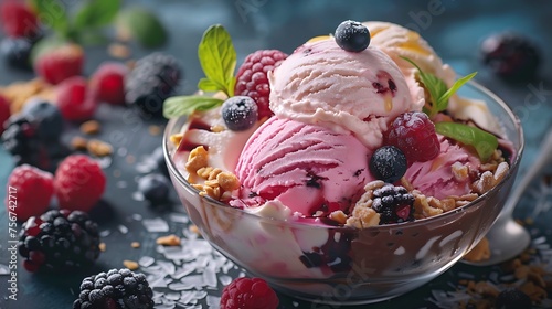 Raspberry ice cream in a glass bowl closeup with district fruits