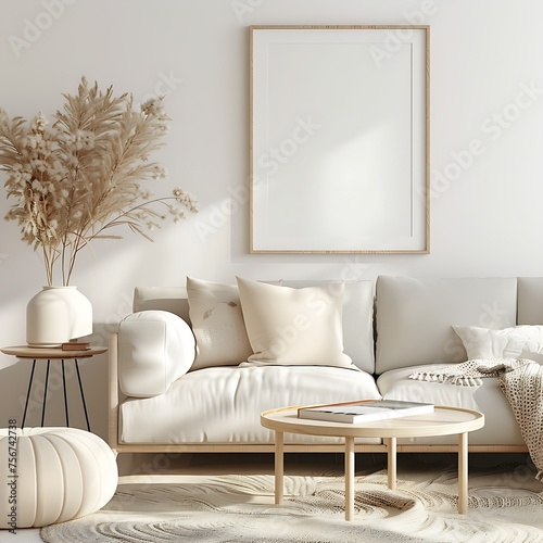 mockup painting on the wall of a luxury living room with a white sofa and a coffee table in the middle