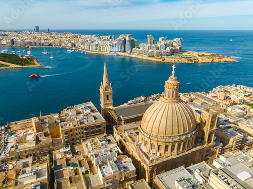 Drone view of main church and Manoel island, Valletta city - capital of Malta island