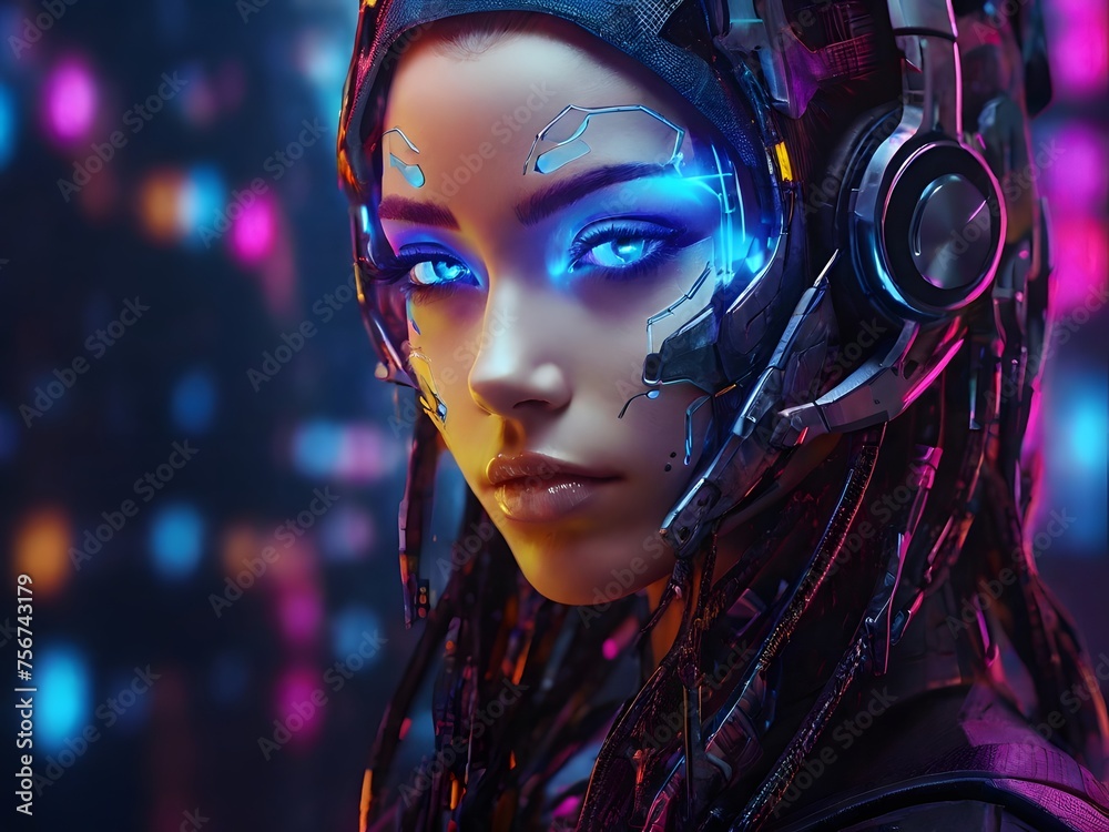 Cyberpunk photo of cyberpunk girl headphones prefill lines futuristic eye face ai technologic dots colors. Machine learning technology concept. Sci-Fi cybernetic robot with AI.