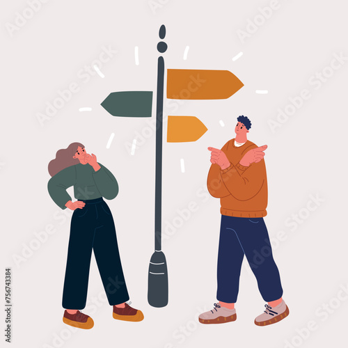 Vector illustration of Correct decision choosing - confused man and woman are character standing on the crossroads and looking at signpost with three different directions
