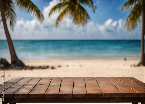 Empty Wooden Table Against Blurry Beach Evening - Coastal Sunset Illustration