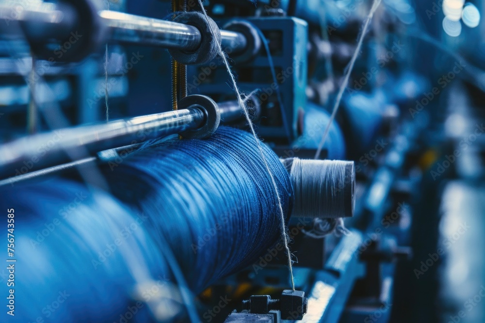 Close up of a spinning machine with blue yarn. Ideal for textile industry concepts - obrazy, fototapety, plakaty 