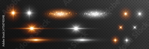 Stars burst, sparkles isolated on transparent background. Sun flash with rays. Vector gold and white spotlight set. Glow flare light effects