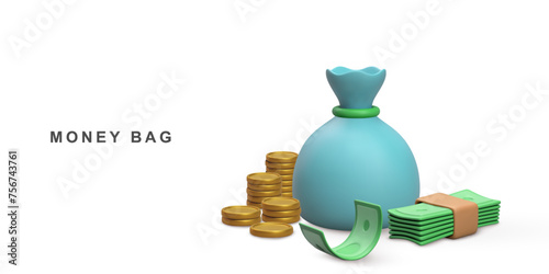 3d concept money bag, coins stack and Bundle of money. Vector illustration.