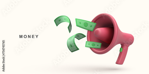 3d realistic megaphone and flying cash on white background. Vector illustration.