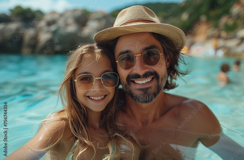 Fototapeta premium a man and a little girl are posing for a picture in a swimming pool