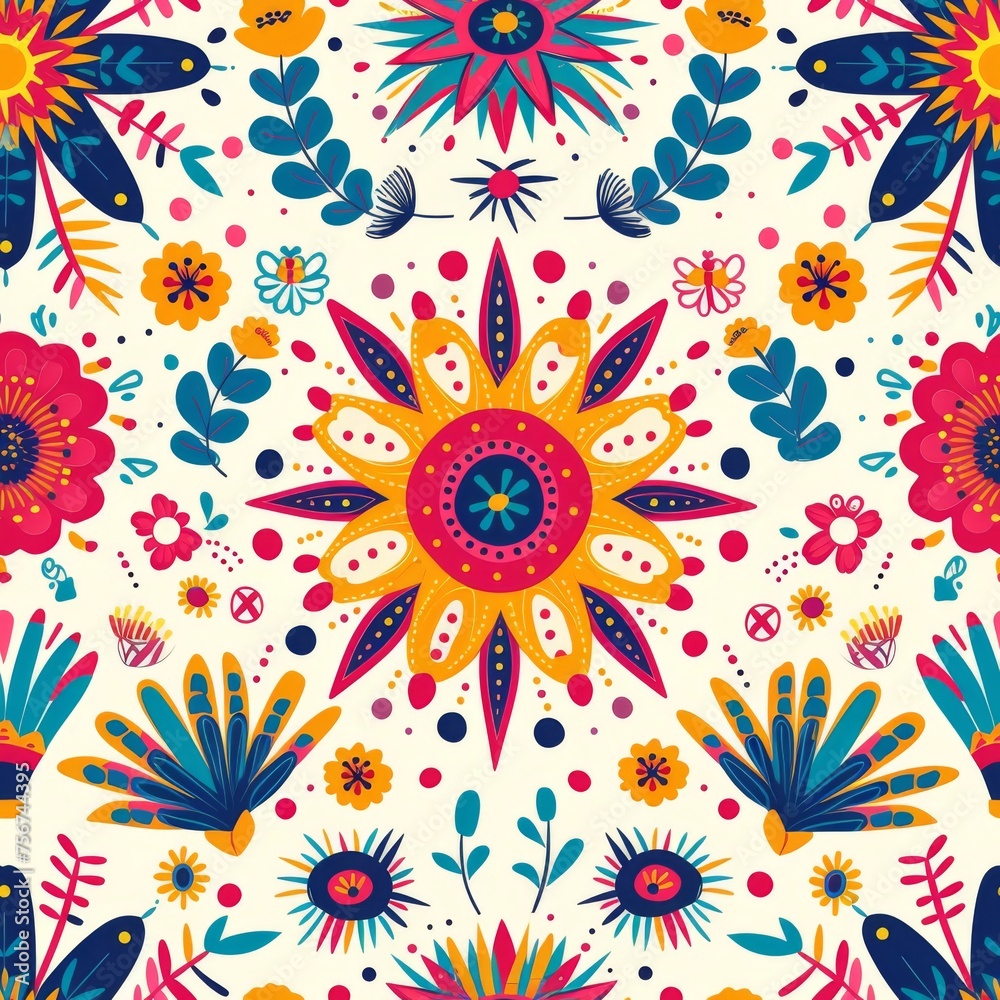 Joyous Latin pattern with a fusion of radiant sunbursts and lush floral elements, celebrating traditional and contemporary styles. Joyous Latin pattern with a fusion of radiant sunbursts and lush floral elements, celebrating traditional and contemporary styles.
