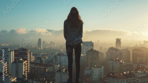 A woman standing on a ledge overlooking a city. Ideal for urban concept designs