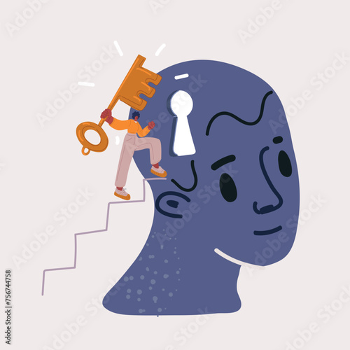 Vector illustration of woman holding big key to person head. Inside male mind